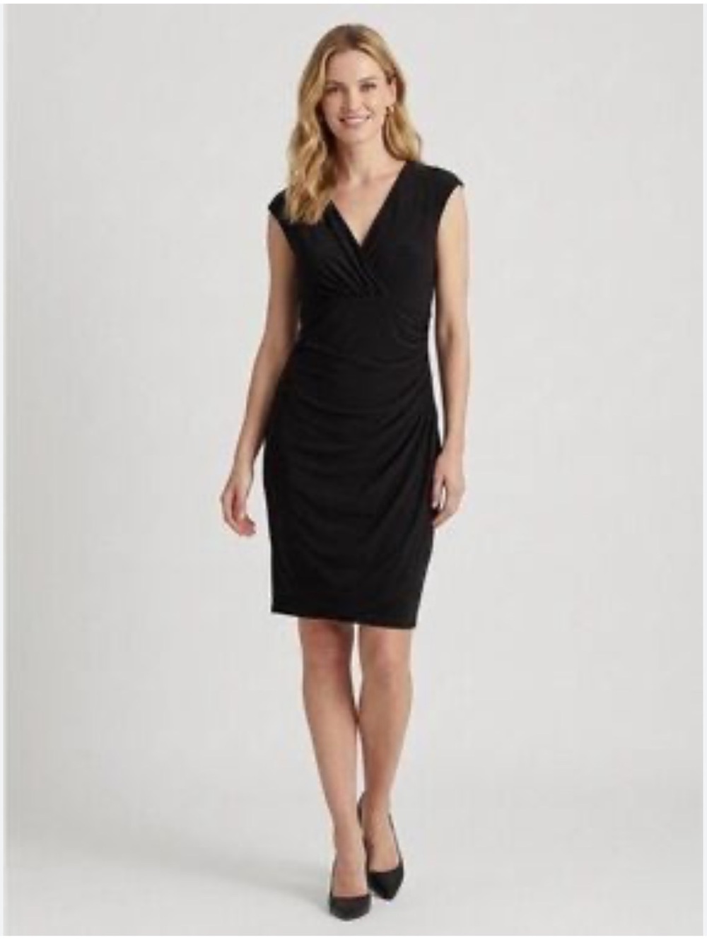 Lauren Ralph Lauren Black Faux Wrap Ruched Sheath Dress Cap Sleeves Career Sz 10